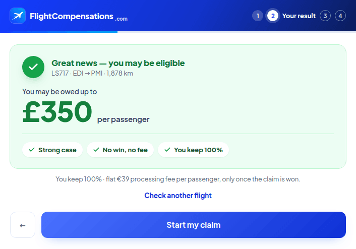 The claim form in ChatGPT showing a likely eligible result of £350 per passenger for flight LS717