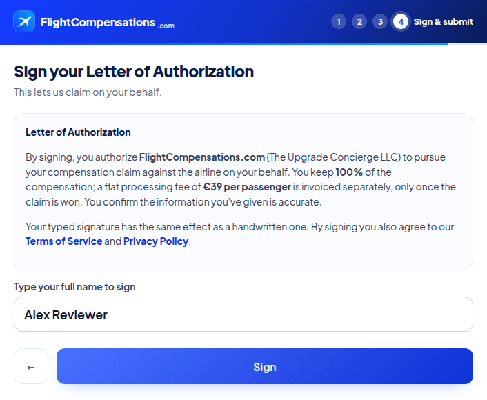 The Letter of Authorization step of the claim form in ChatGPT, signed with a typed name